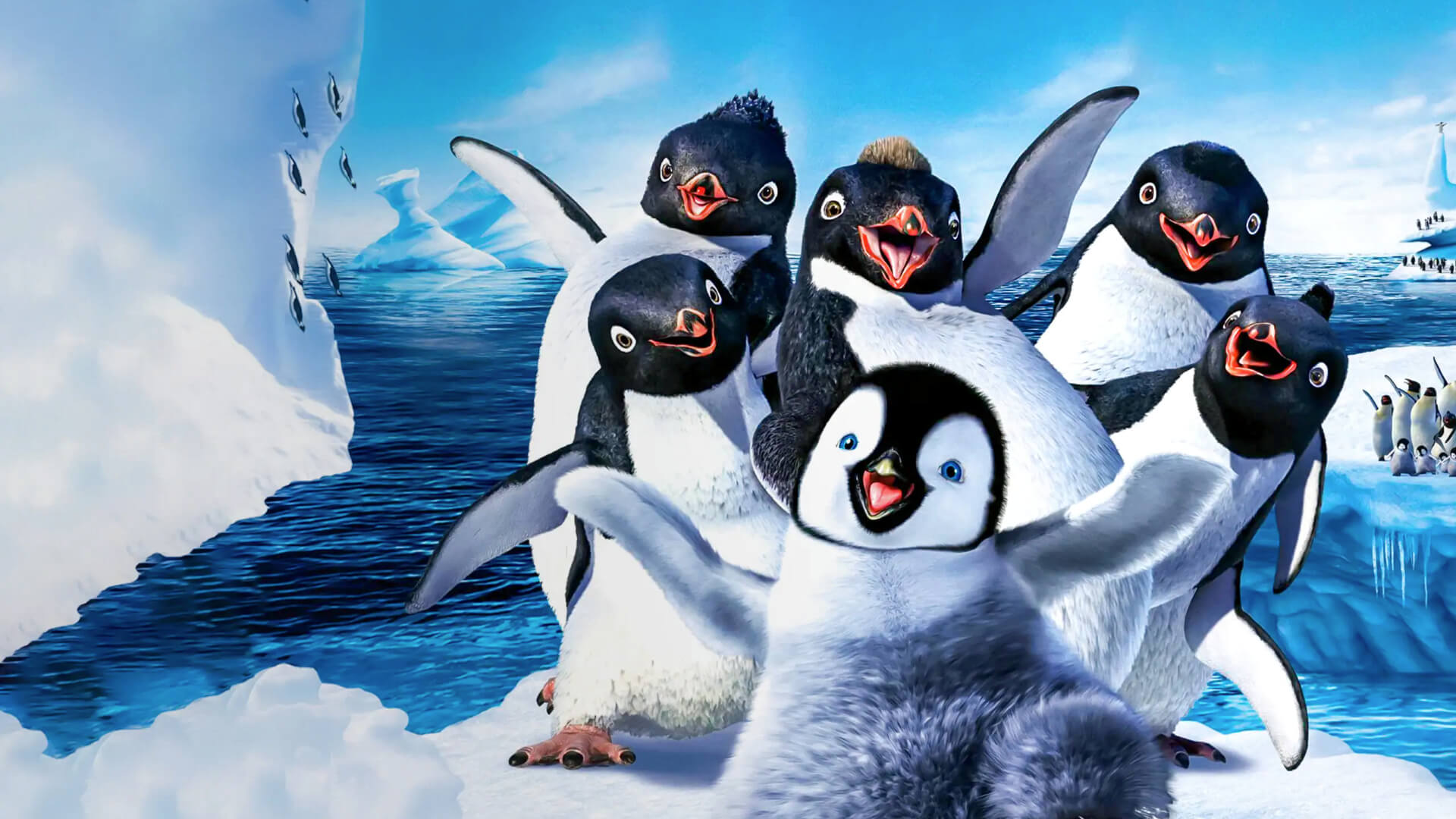 A group of penguins posing in a movie poster for 'Happy Feet'.